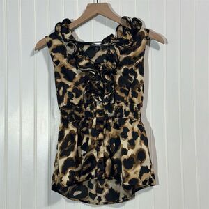 IZ Byer Leopard‎ Print Ruffle Blouse M Animal Print Sleeveless Top Mob Wife Y2K